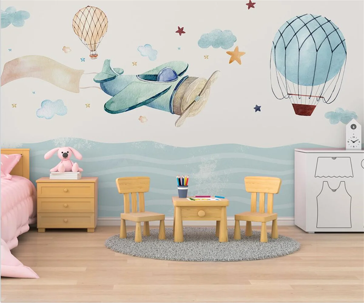 

Custom Wallpapers plane cloud sea cartoon hot air balloon children's room background wall Mural home decoration 3d Wallpaper