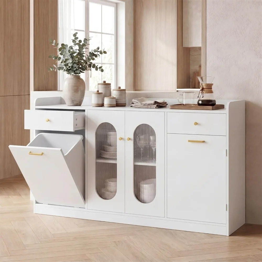 Buffet Cabinet with Trash Can, 55" Modern Coffee Bar Sideboard