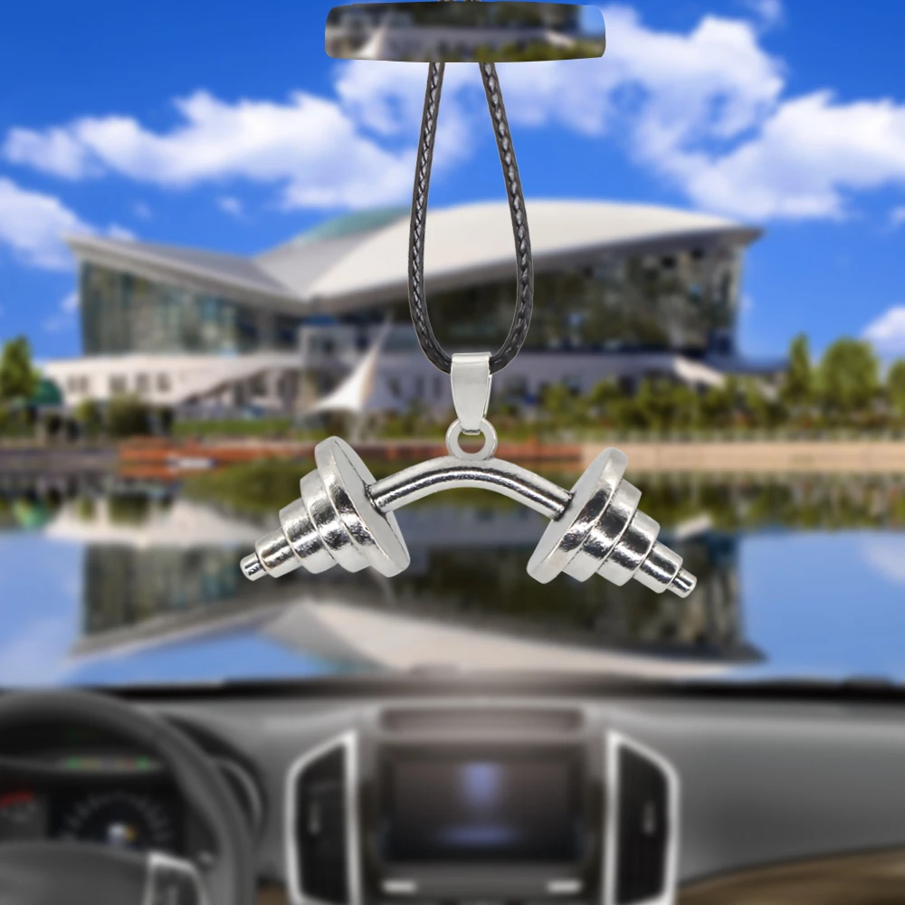 Vintage Metal Barbell Dumbbell Car Pendant Fitness Enthusiast Auto Pendant Rearview Mirror Decoration Hanging Men Gifts