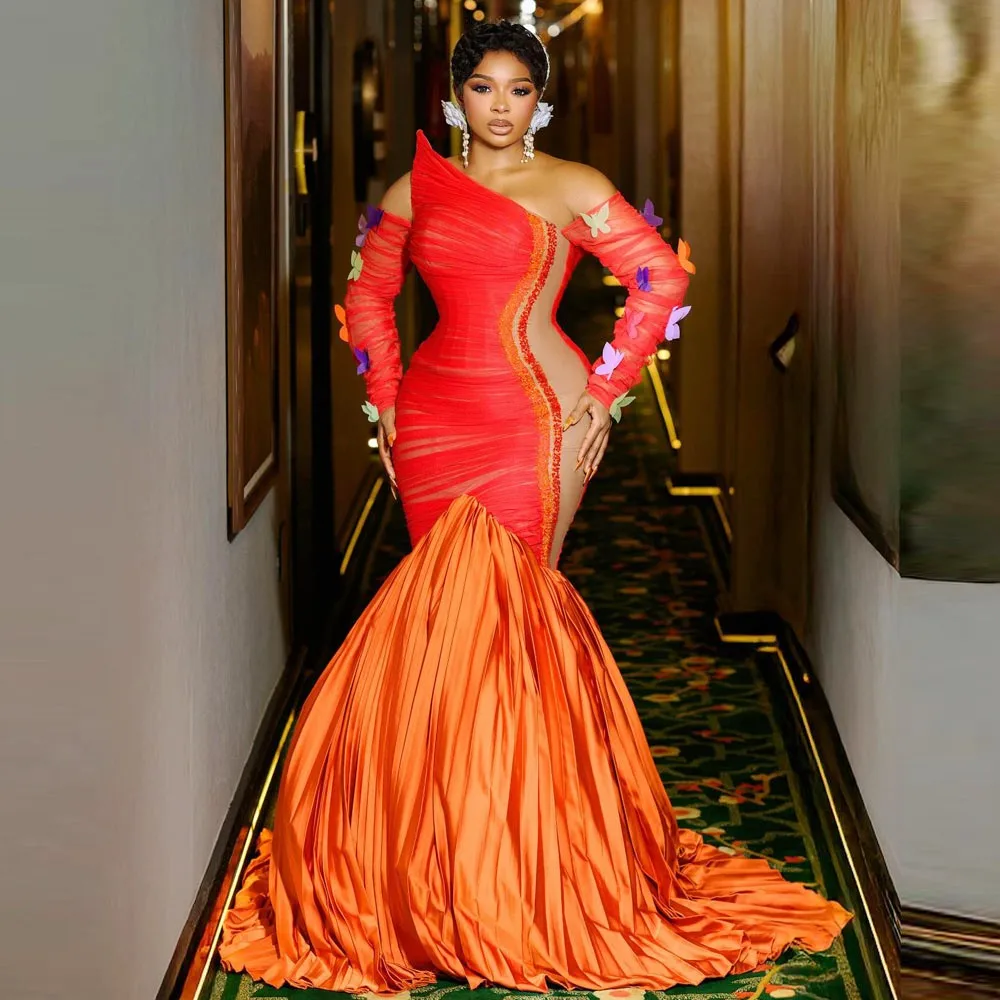 대비색 플러스 사이즈 이브닝 드레스 오프숄더 비즈 스팽글 드레이프 머메이드 프롬 드레스 나비 장식