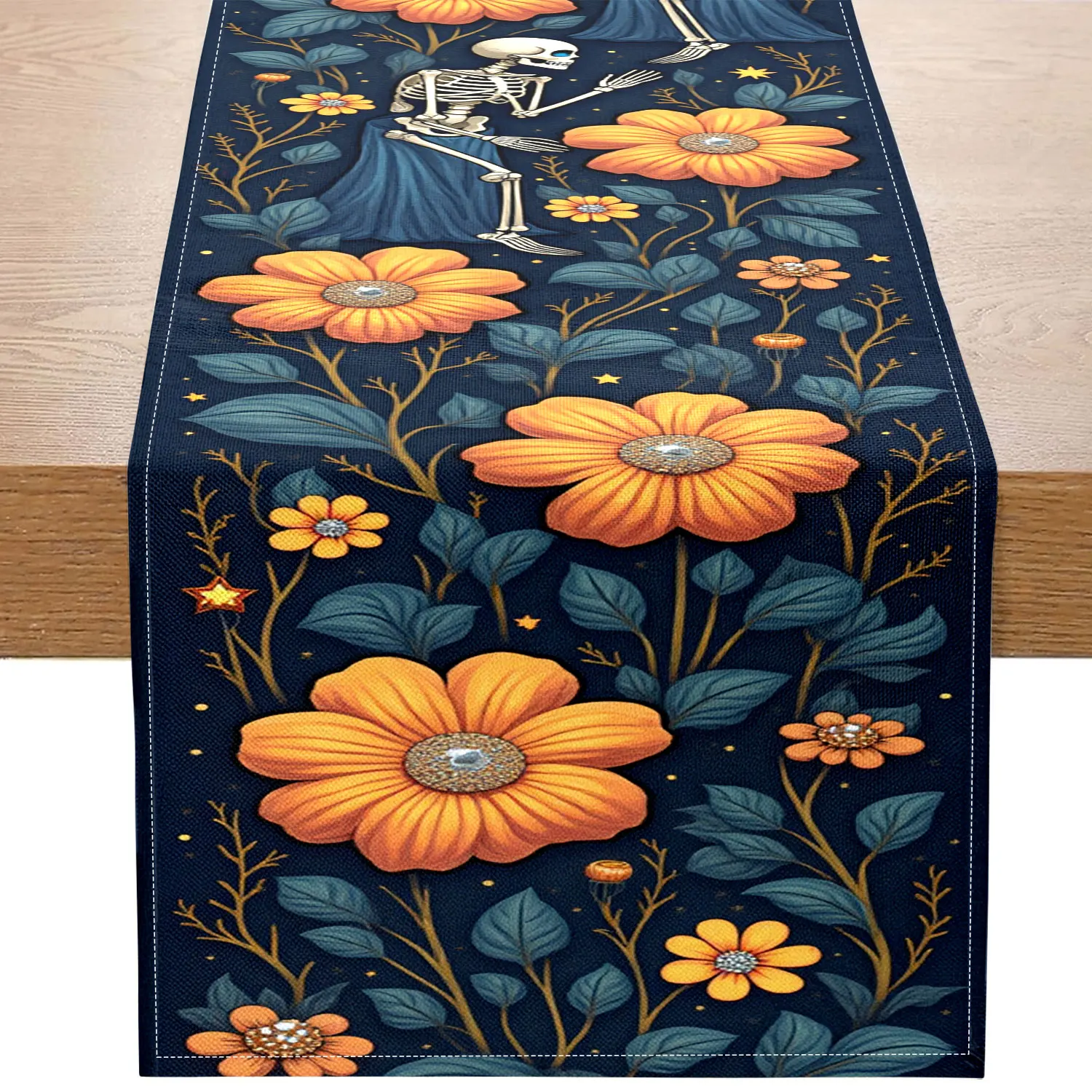 

1 Piece Halloween Fantasy Skeleton Table Runner, Dark Blue Background with Skulls, Large Flowers, Stars and Moons, Suitable for Halloween Parties, Themed Restaurants, Creative Studios, Home Decoration, Holiday Gifts, Art Exhibitions, Vintage Spaces, Fanta