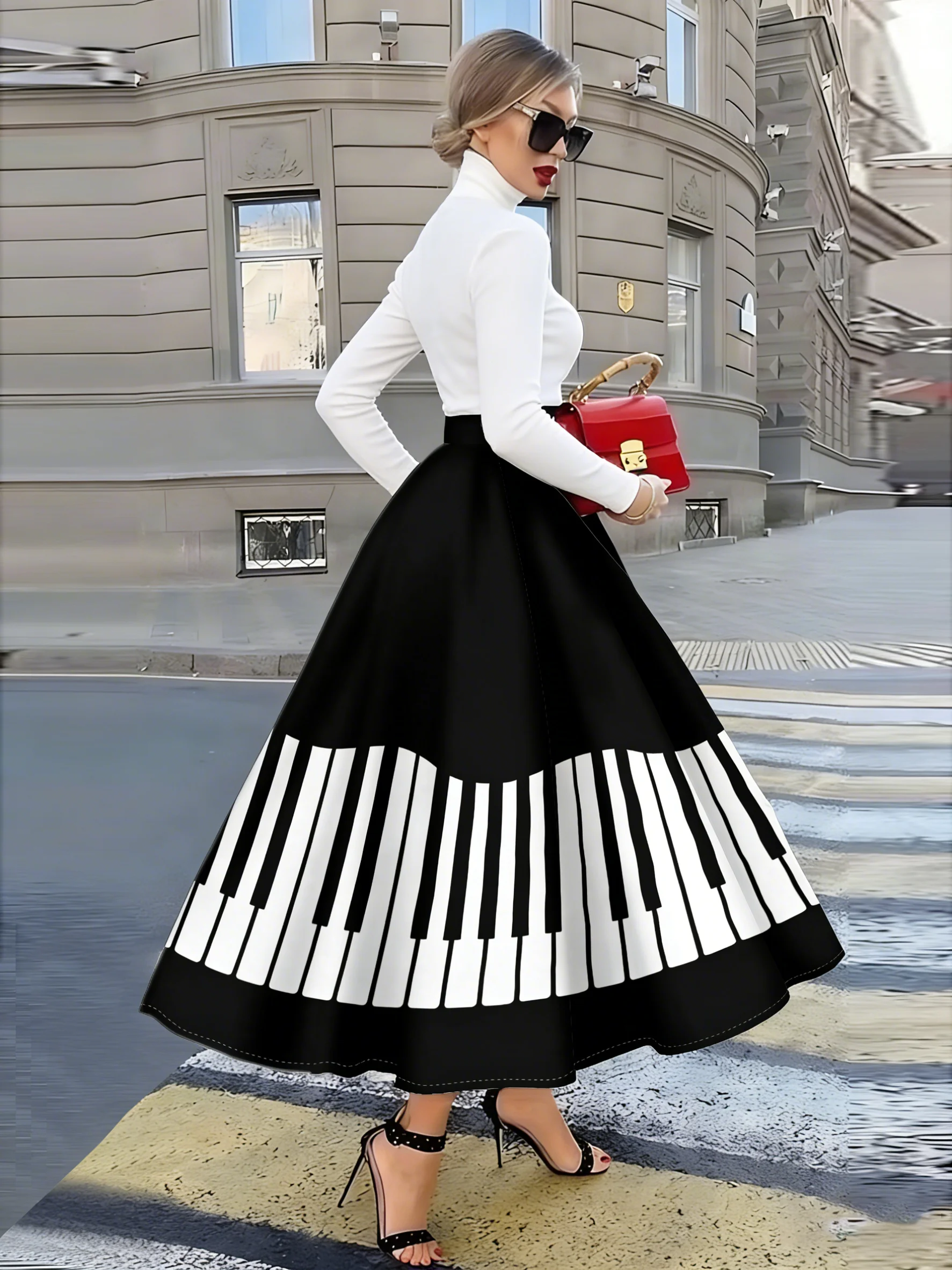 Printed Design suitable for all four seasons Piano Keys Pattern Print Skirt resort style elegant style women's half skirt