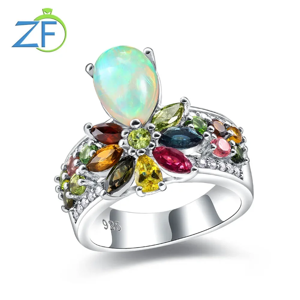 

GZ ZONGFA Original 925 Sterling Silver Crown Ring for Women Natural Opal Tourmaline 3Carats Gems Colorful Gift Fine Jewelry