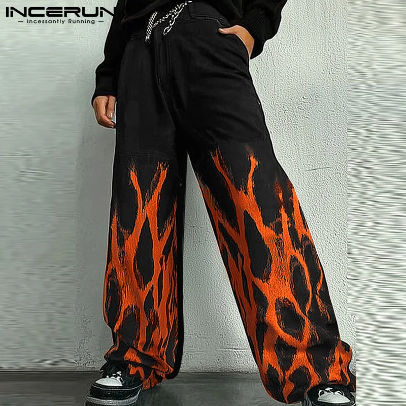 INCERUN 2024 American Style Trousers Stylish Men's Funny Printed Mesh Pattern Long Pants Leisure Hot Sale Straight Leg Pantalons