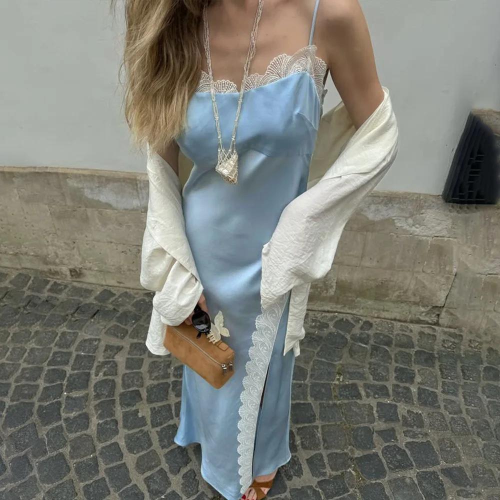 Patchwork Sexy Hoge Split Kant Vrouwen Maxi Jurk Blauw Spaghetti Hoge Taille Zomer Slanke Casual Feestavondjurk