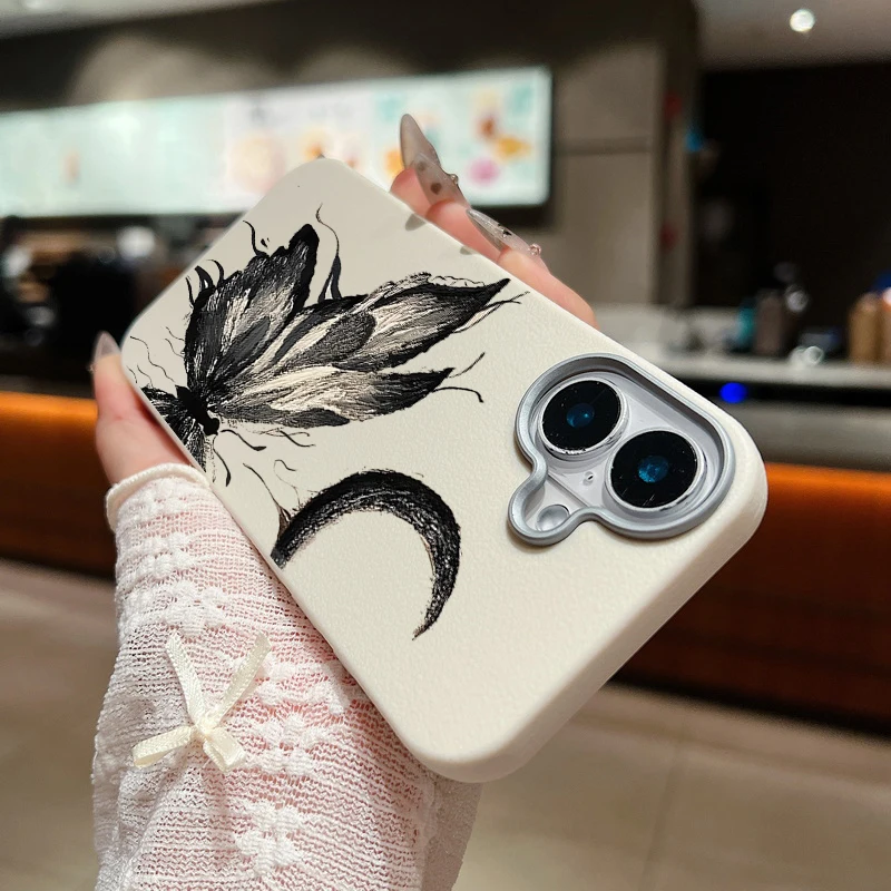 Ink Color Butterfly Case For iPhone 16 Pro Max Coque iPhone 11 12 13 14 15 Pro Max SE Luxury Leather Texture Soft Silicone Cover