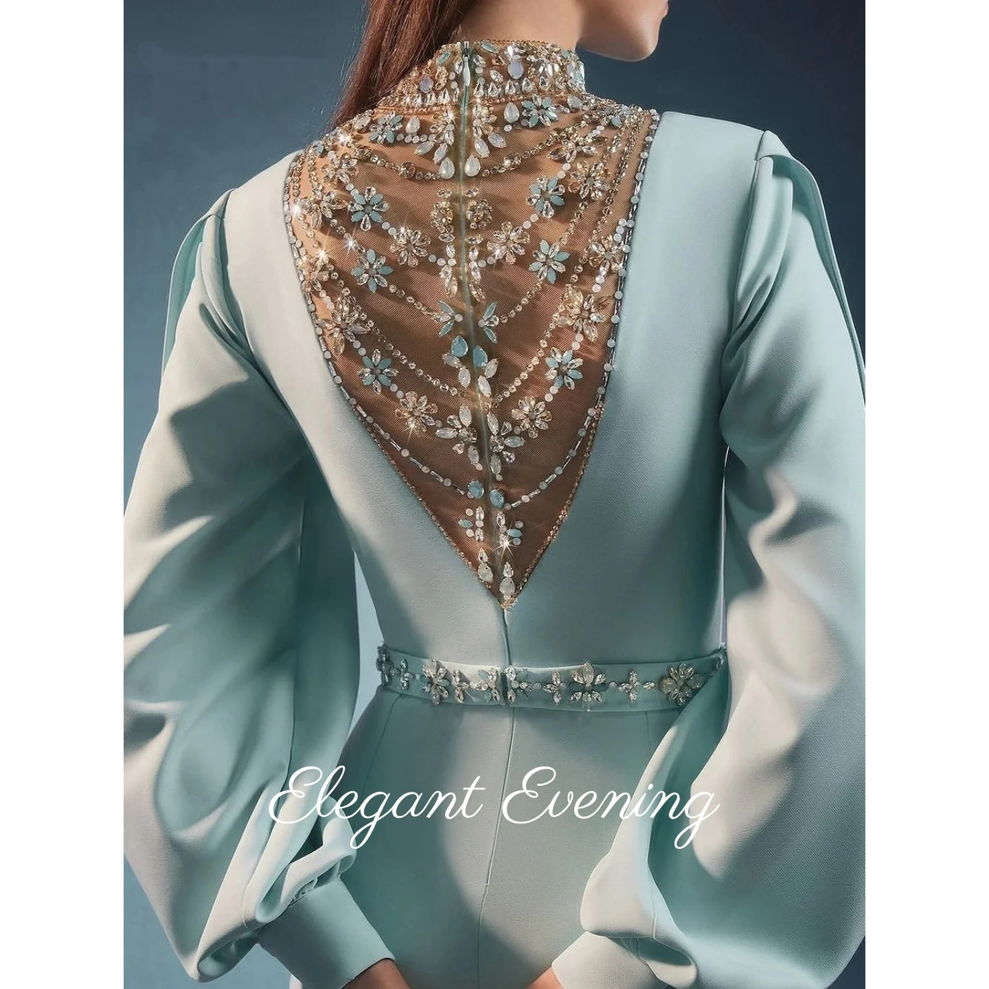 Vestidos de noite com gola alta, lantejoulas, mangas bufantes, vestido de baile, pedras personalizadas, trompete, sereia, vestido de festa de casamento 2026