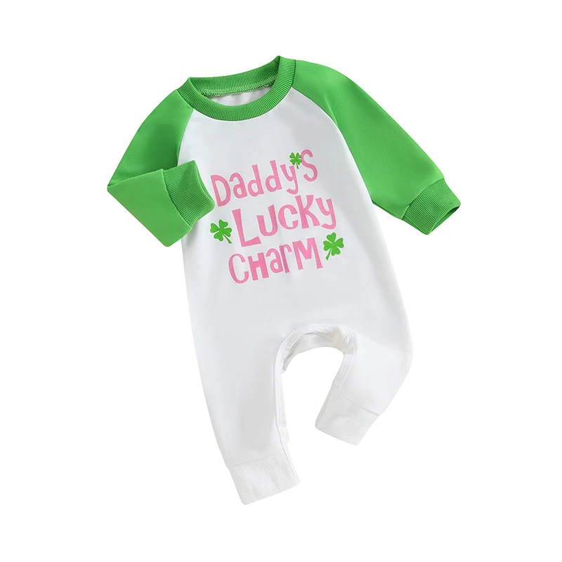 Baby Girl Boy St. Patricks Day Outfit Long Sleeve Crew Neck Letter Four Leaf Clover Print Sweatshirt Bodysuits Jumpsuit