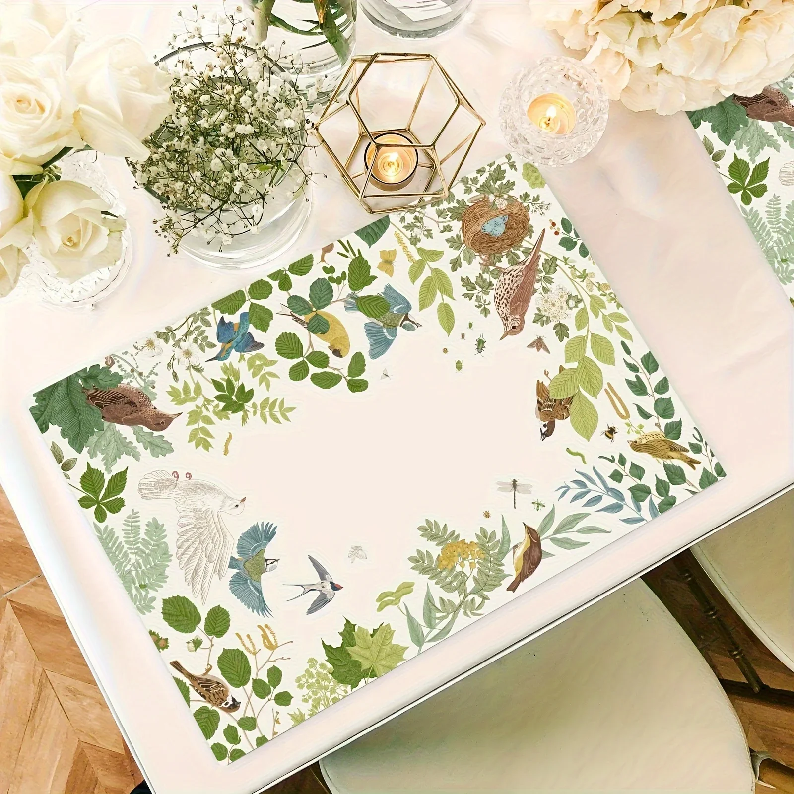 Vintage Bird Green Branch Placemat 1pc, Washable & Reusable Placemat, Holiday Dining Table Decor