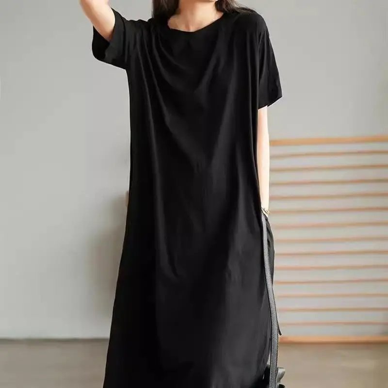 Robe t-shirt à manches courtes et col rond pour femme, vêtement surdimensionné, décontracté, mode féminine, couleur unie, ample, mi-longue, été
