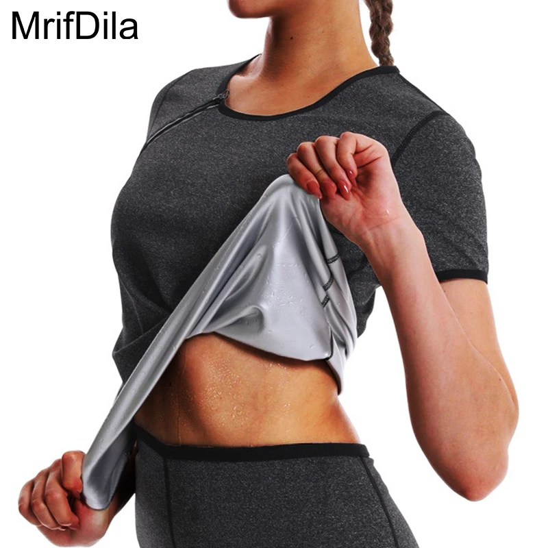 

MrifDila Collar Zipper Sauna Shirt Women's Short Sleeve Sweat Suit Weight Loss Compression Shirts Sauna Workout Tops Body Shaper