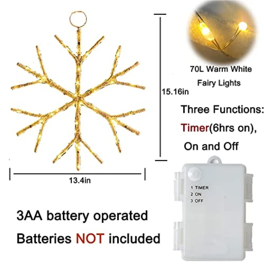 White Snowflake Lights Battery Operated with Timer 70 LED Fairy Lights 2 Pack 14IN for Window Christmas Decoration