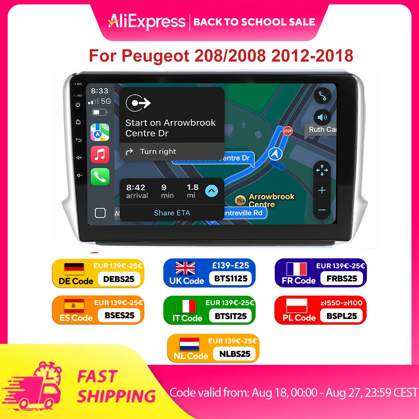 ESSGOO 9 pollici Schermo tattile HD Android14 Navigazione GPS Controllo al volante Bt FM Connessione WiFi USB Per Peugeot 208/2008 2012-201 Autoradio Mirror Link CarPlay wireless Android Auto Lettore