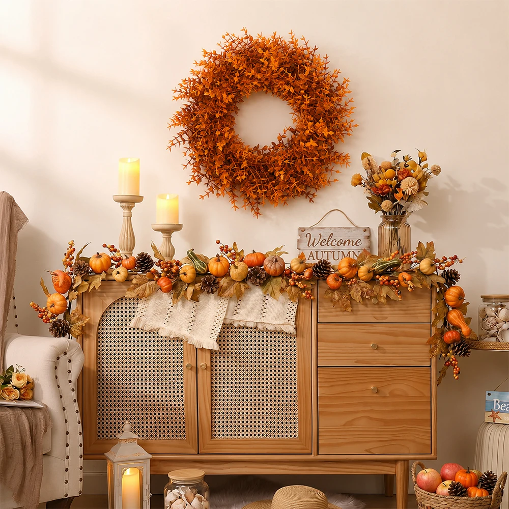 40cm Herbst-Eukalyptuskränze, Künstlicher Herbstkranz als Dekoration für Haustür, Thanksgiving, Landhaus, Wand, Zimmer, Außenbereich und Heimdekoration – Detail 4
