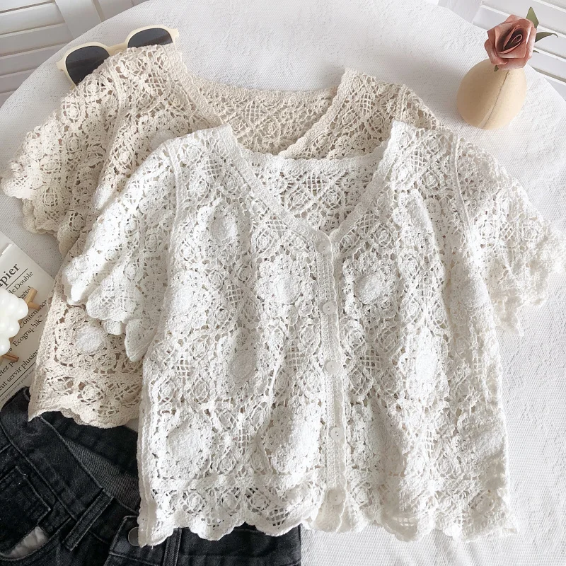 Rin Confa Korean Version Chic Cardigan Short Sleeves Top Hook Flower Hollow Out V-Neck Top Women  Knitting Sun-Proof T-Shirt