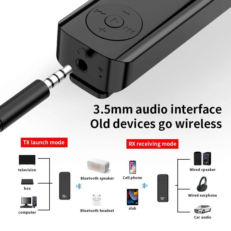 Ricevitore trasmettitore Lavalier Bluetooth 5.3 Supporto AUX da 3,5 mm Scheda TF con display a LED Cuffie per PC Adattatore wireless stereo Hifi