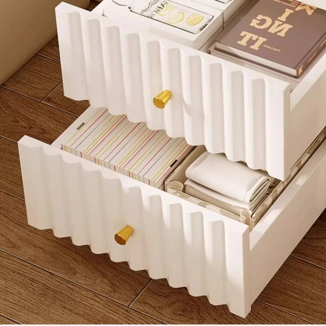 //Modern White Double Drawer Wavy Door Panel Bedside Table Factory Direct For Apartment And Hotel Bedrooms