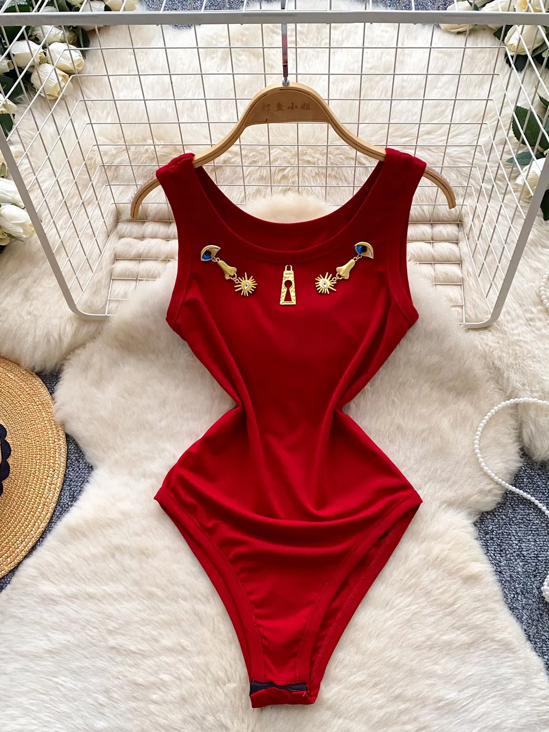 Women's Red Off-Shoulder Bodysuit One-piece Cami Sleeveless Jumpsuit Sexy Romper Vintage Elegant Bodysuit for Women Summer 2026