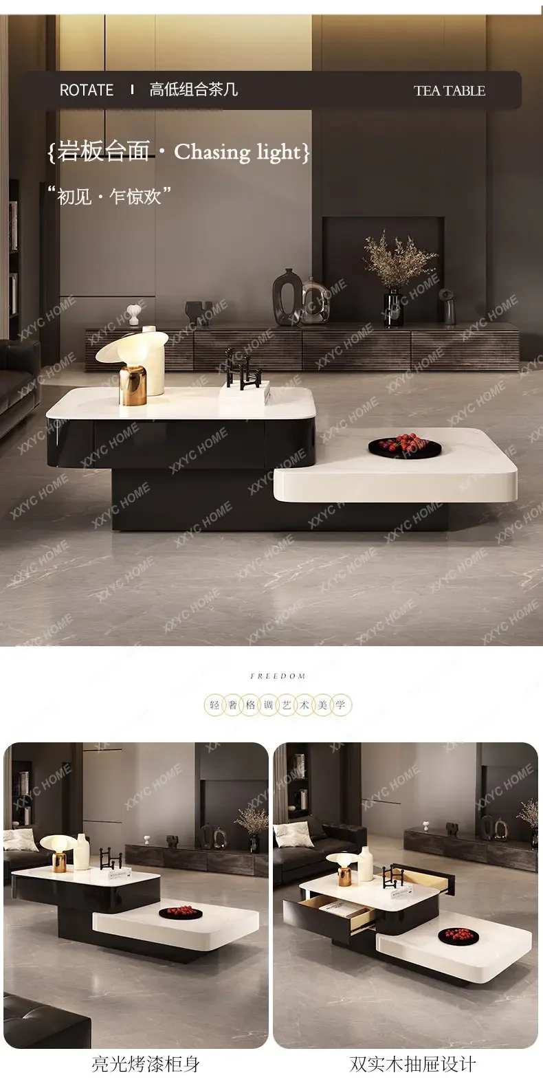 XX Black White Coffee Table Modern  Minimalist Living Room Large Size Stone 1.5m TV Cabinet High Low Set
