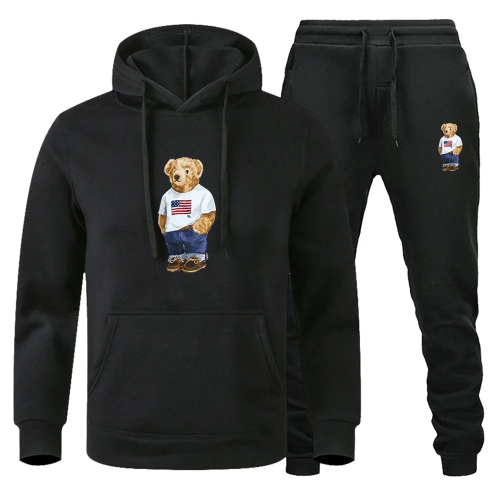 

2025 Teddy Bear Print Men's hoodie + Sweatpants 2-piece set, casual streetwear, fashionable and luxurious sportswear