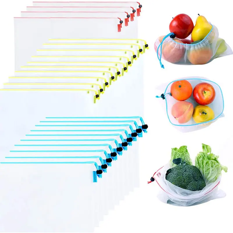 5Pcs Colorful Reusable Fruit Vegetable Bags Produce Washable Mesh Bag Food Storage String Bag Eco Friendly Kitchen Storage Bag