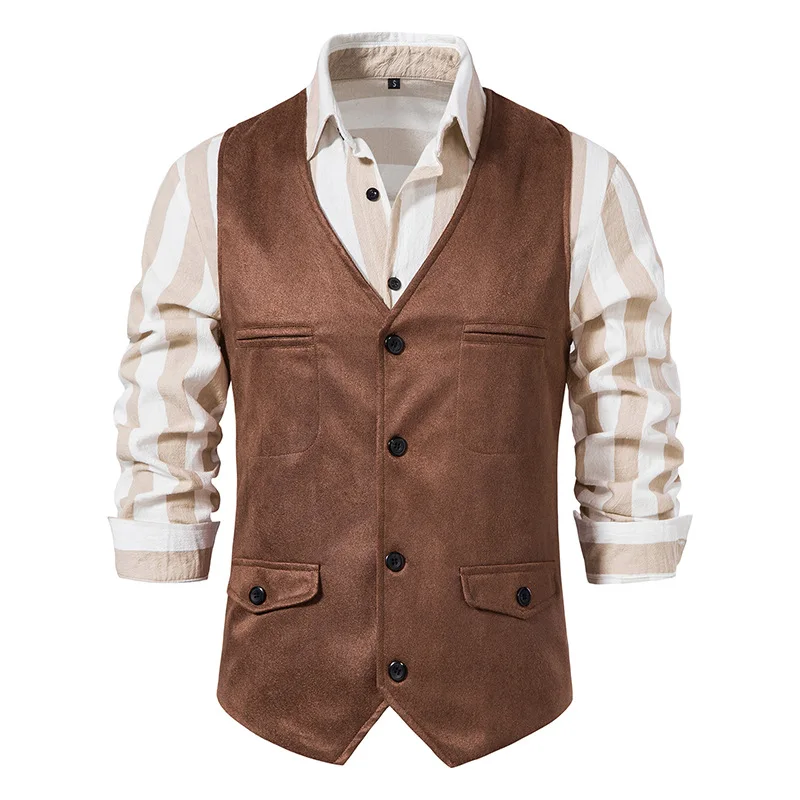 Mens Vintage Suede Leather Suit Vest Casual Western Cowboy Waistcoat Vests Men Formal Business Party Prom Wedding Gilet Homme