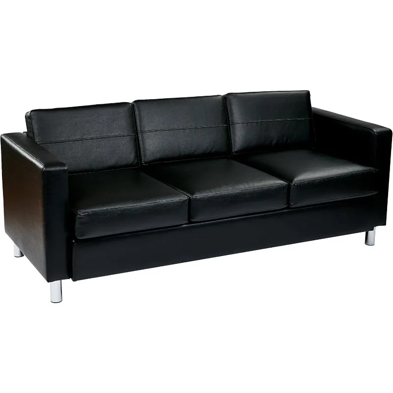 

OSP Home Furnishings Pacific Sofa with Padded Box Spring Seats and Silver Finish Legs, Black Vinyl