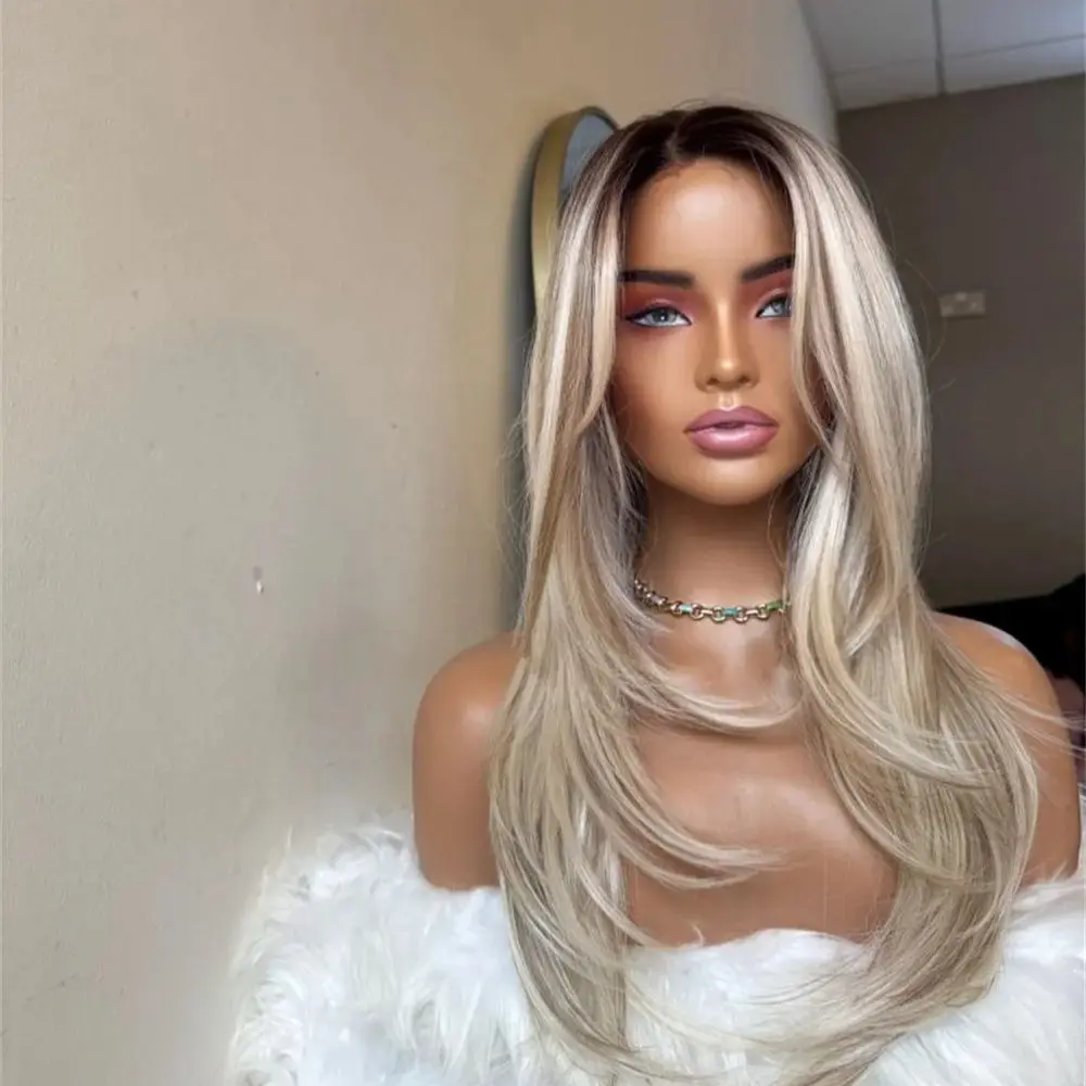 Truffle Butter with Blonde Hot Coco Softlights Long Straight Lace Front Wig Synthetic Layered Highlights HD Lace Wigs for Women