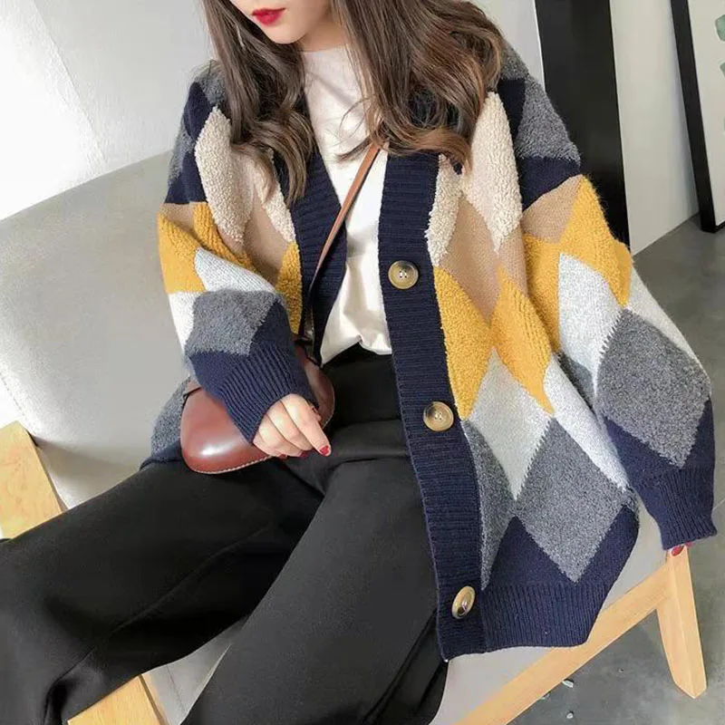 Biyaby Streetwear Argyle Plaid Cardigans for Women Korean Loose Checkered Button Sweaters Woman Autumn Winter Thick Warm Sweater