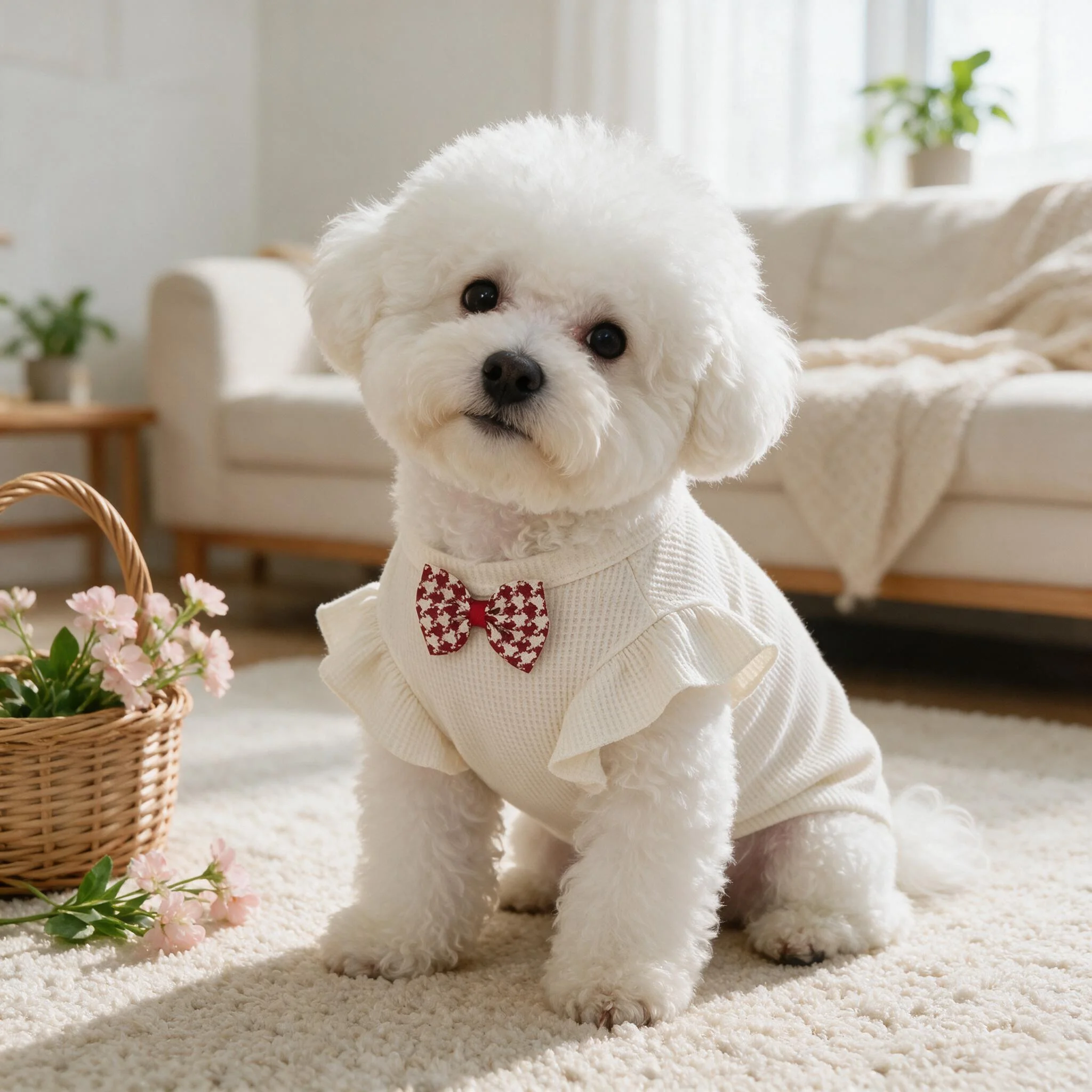 Waffelstrick-Hundeshirt mit Blumenschleife und Rüschen, Kurzarm, geeignet für kleine bis mittelgroße und große Hunde, geeignet für Bichon. – Detail 1