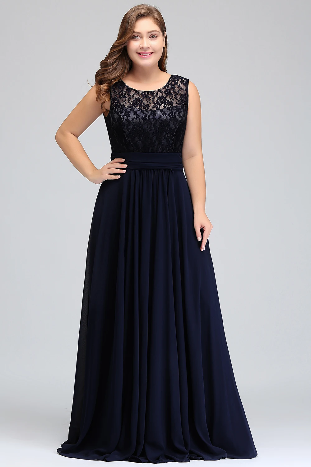 

Women's Plus Size Long Dresses Illusion Floral Lace O-Neck Sleeveless V-Backless Empire Dress Chiffon A-Line Maxi Prom Vestidos