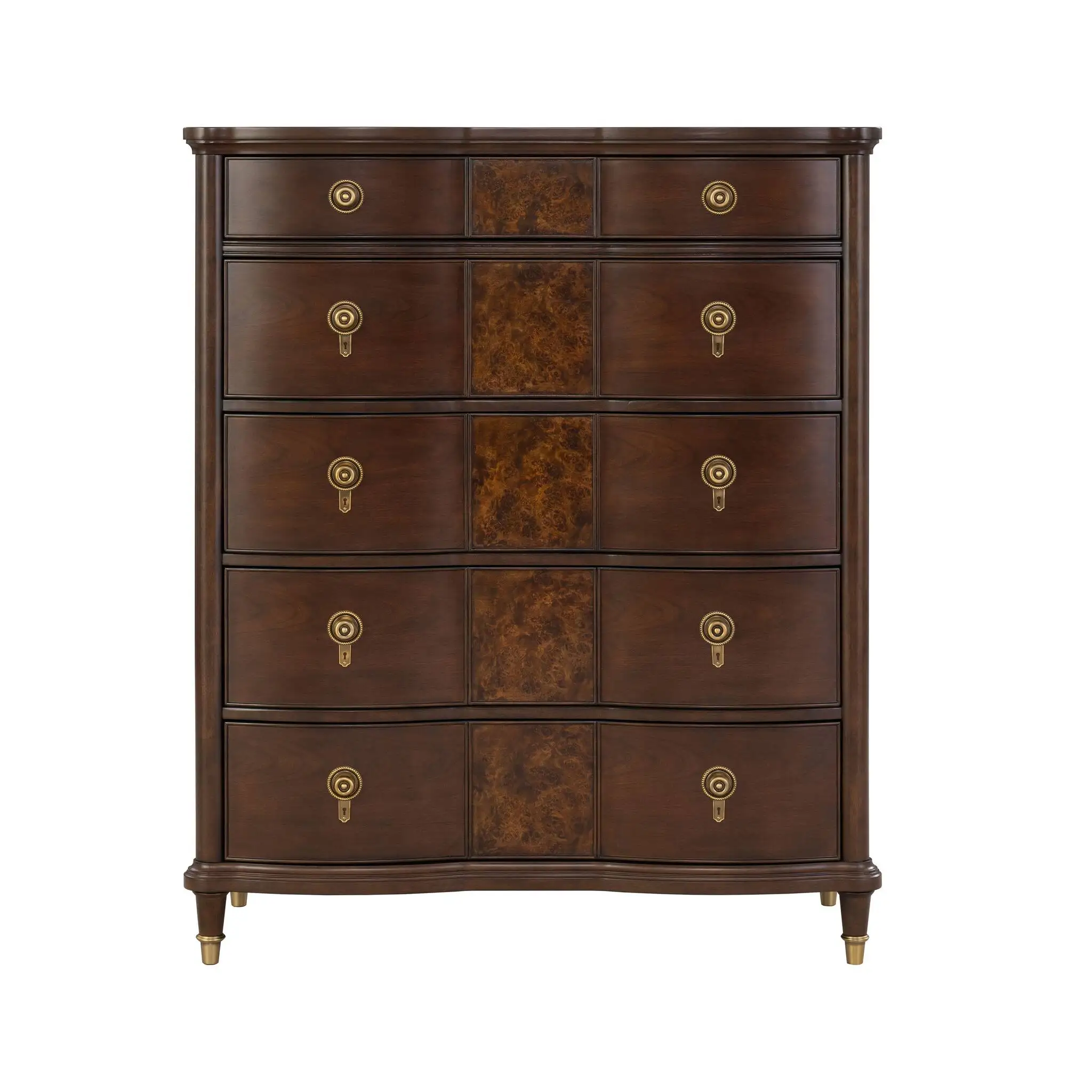 # Glass Chest Drawers  Gold Capped Legs Dark Cherry Finish Eco-Friendly Durable For Hotel Living Room