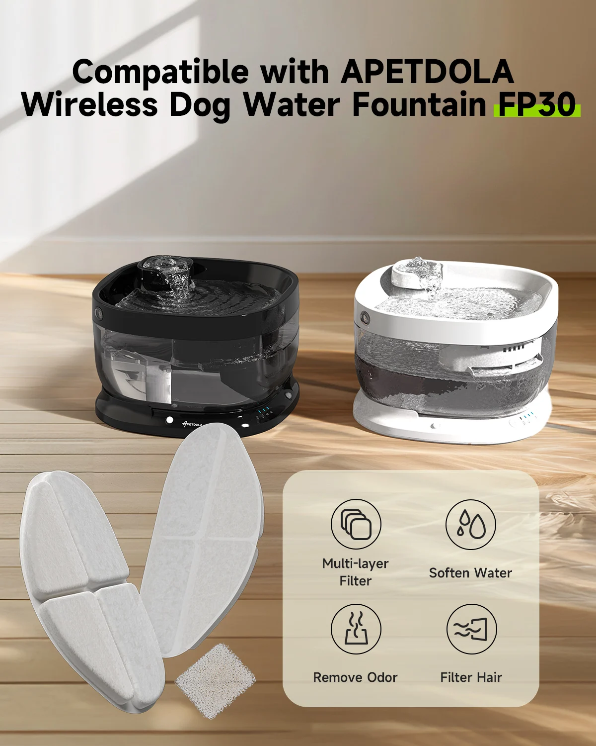 APETDOLA Wireless Dog Water Fountain Filters 5 Layer Replacement Filters for FP30 Dog Fountain Battery Operated