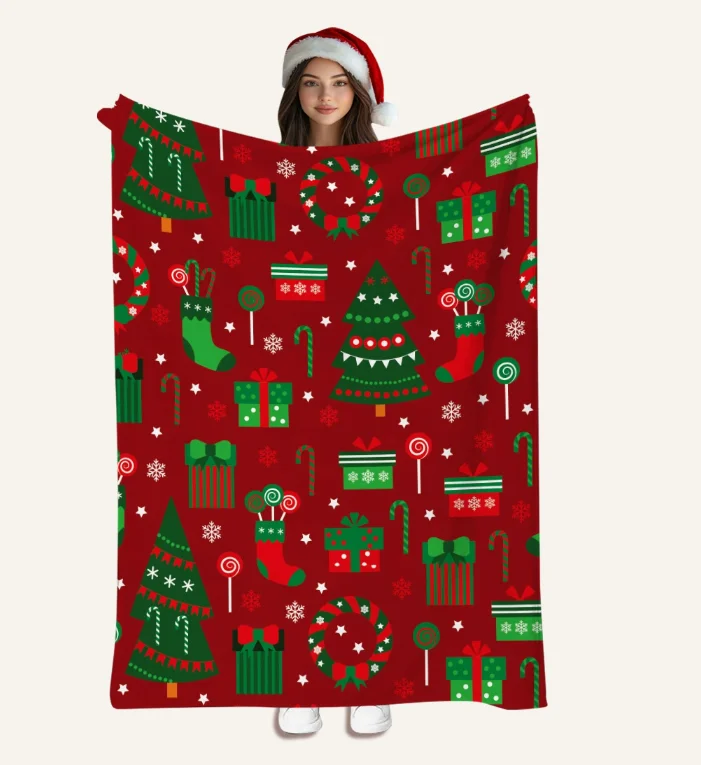 Red Christmas Flannel Throw Blanket Xmas Tree Gift Box Candy Cane Print Soft Warm Blanket Holiday Home Decor Sofa Couch Bed Gift