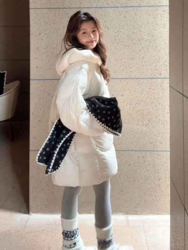 

Korean Sle Soft Wind Long Hooded Cotton Jaet Loose Fit Mid-Length Coat Trendy Outerwear Comfortable Cotton Clothes