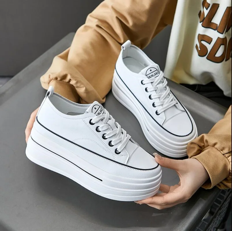 

Women 8cm Genuine Leather High Shoes Brand Comfy Spring Autumn Platform Vulcanize Women Chunky Sneaker Loafer Shoes