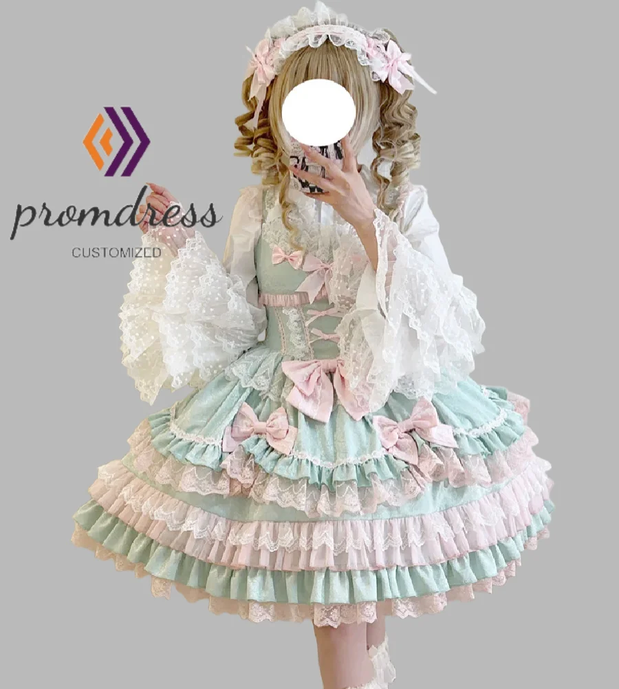 

Sweet Green With Pink Lolita Dress Classic Gothic Ruffle Trim Prom Dress 2025 A Line Mini Long Sleeve Evening Dress Customized