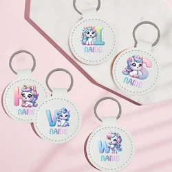 Personalize Unicorn&alphabet Pattern Print Leather Keychains Custom Name Circular Leather Keyring The Best Gifts To Friends