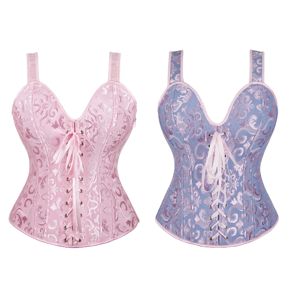 Corsets for Women Vintage Corset with Straps Lace Up Bustiers Corsets Jacquard Zipper Corset Top Plus Size Pink Purple Blue