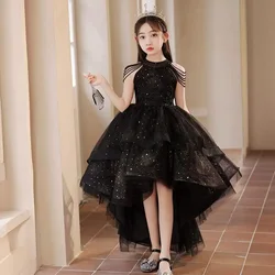 Luxurious Girls Dresses black Beading embroidery halter Ball Gown Flower Girl dress For Wedding Birthday Party Pageant dress