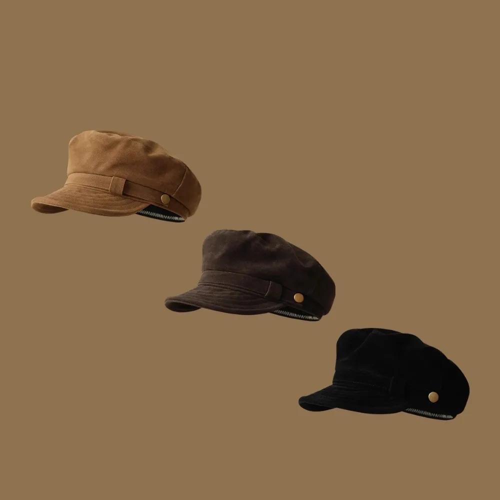 

Retro Autumn Winter Newsboy Caps Suede Short Brim Octagonal Hat Flat Top Naval Hat For Women
