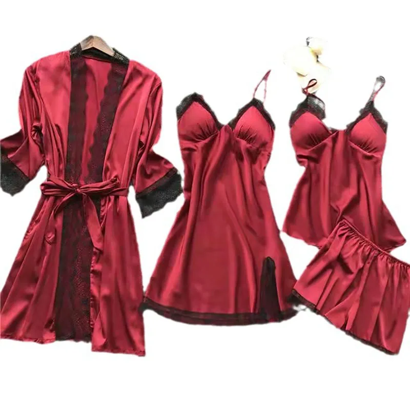 4PCS Women\'s Sleep Robe Gown Sets Sleepwear Pajamas Set Lounge Silk Women Nightdress Lace Dress Sleep Nightwear Silk Pijama Sets