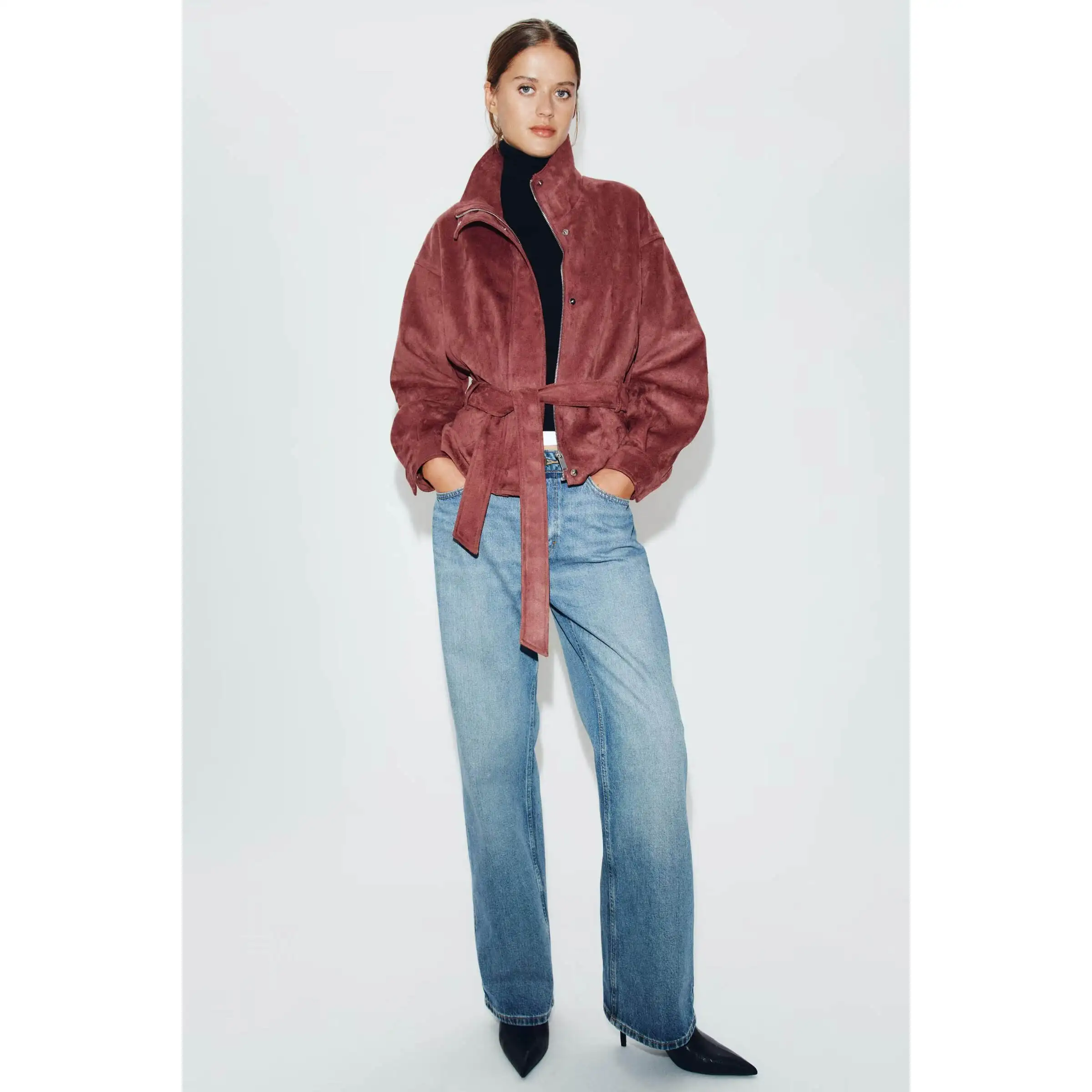 Fashionable Reversible Faux Leather Belted Jacket Women's Short Outerwear Versatile Style Long Sleeve Zipper Closure Polyester