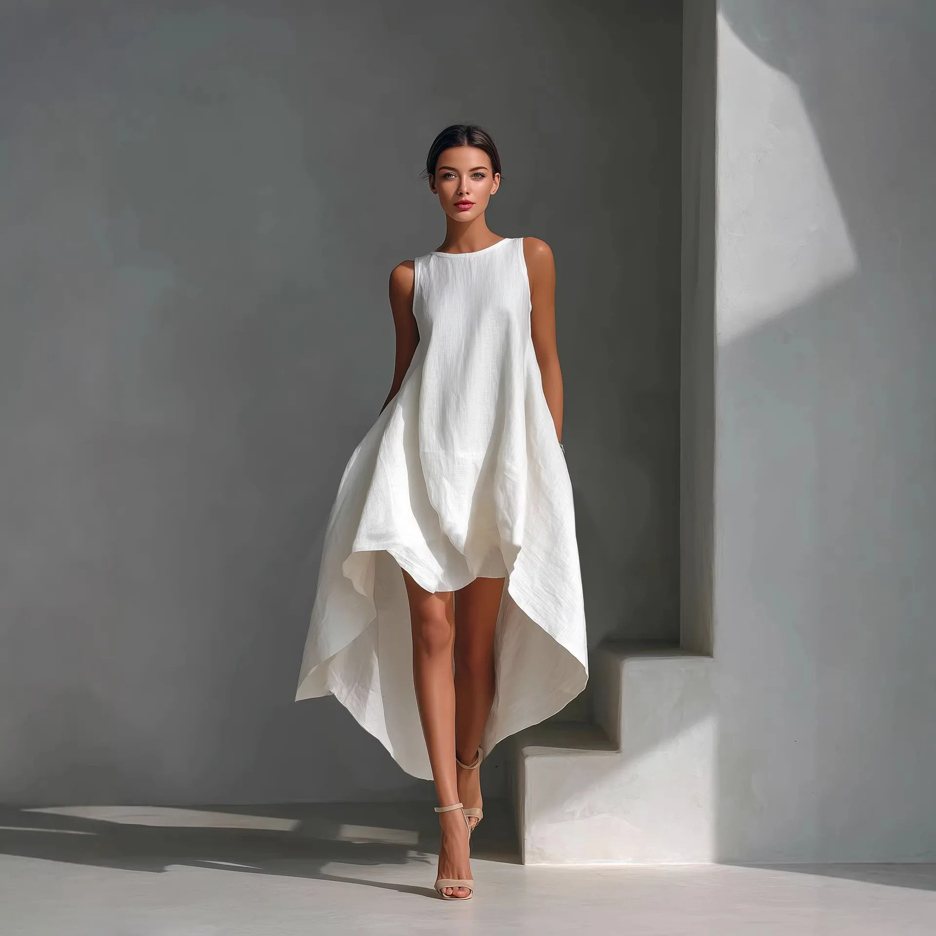 Cotton Linen Dress Dresses for Women Spring Summer Sleeveless High Low Asymmetrical Vacation Beachwear
