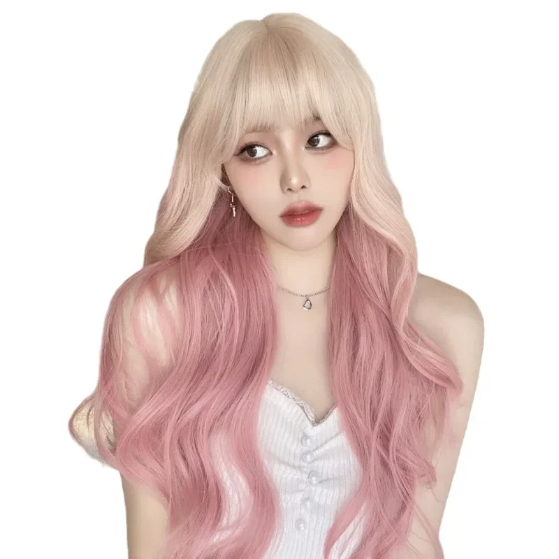 

Wig female platinum gradual change blue medium point small lace long curly hair daily Lolita big wave wig full hood