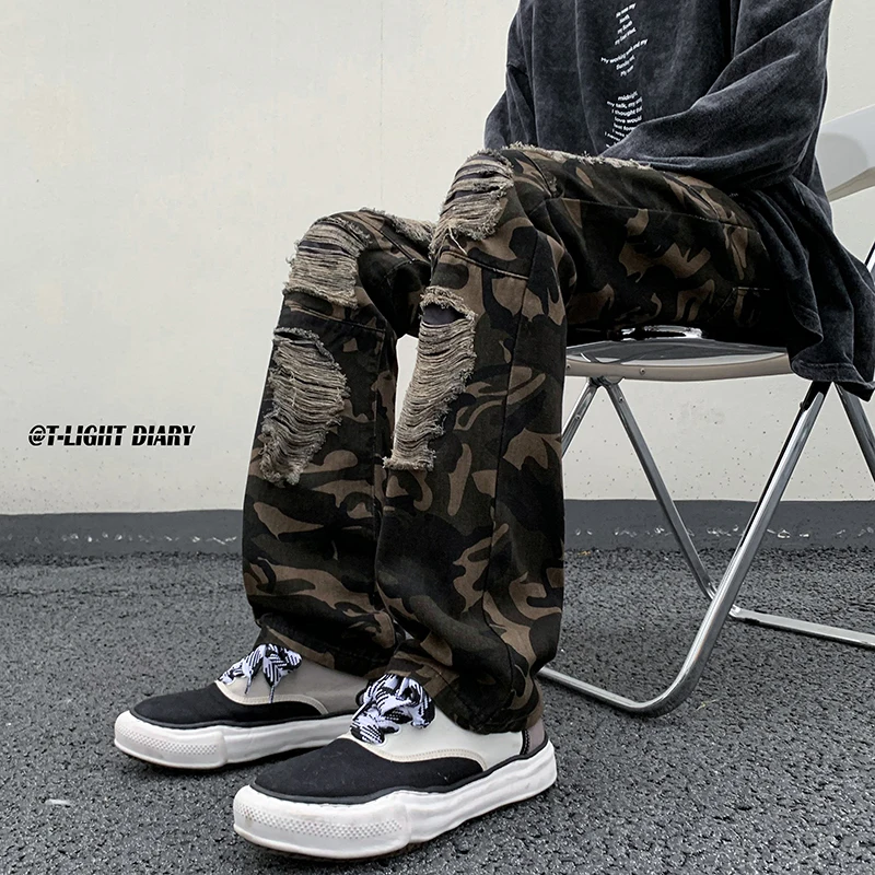 Men's Casual Loose Straight Leg Jeans High Street Design Sense Camouflage Pants Trendy Brand Autumn Wearage Blue Denim Jeans