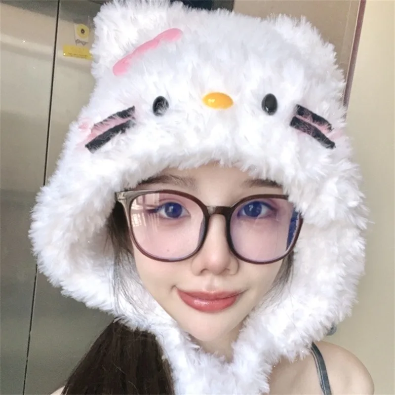 Cartoon Hello Kitty Kawaii Hat Ear Cap Cute Anti Cold and Windproof Hat Girl Heart Cute Plush Hat Christmas Gifts