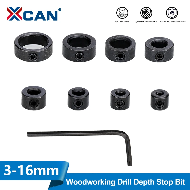 XCAN 8pcs 3-16mm Depth Stop Drill Bit Collar Set Adjustable Drilling Positioner Limit Ring with Wrench Woodworking Tools
