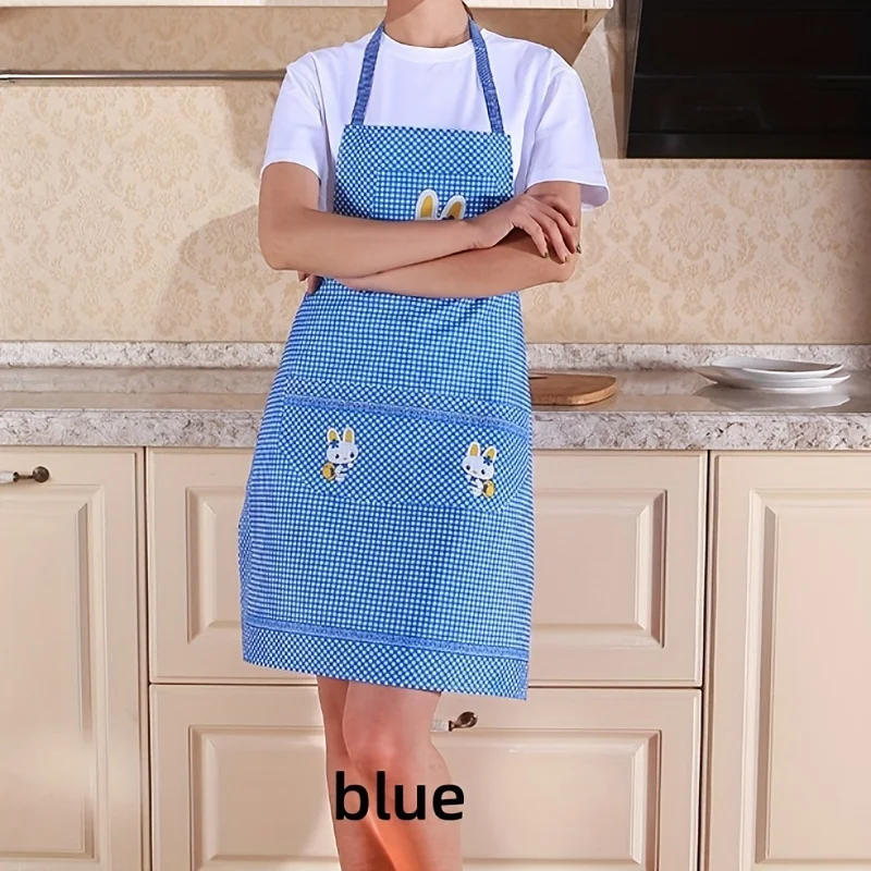 A Plaid Polyester Kitchen Apron with A Cute Rabbit Design, Made of Peach Skin Velvet Fabric, Suitable for Home and Restaurant Us