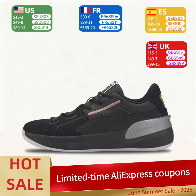 

PUMA Clyde Hardwood Team: Comfortable, Minimalist, and Versatile Low-Top Basketball Shoes (Unisex) in Black and Gold 194044-01